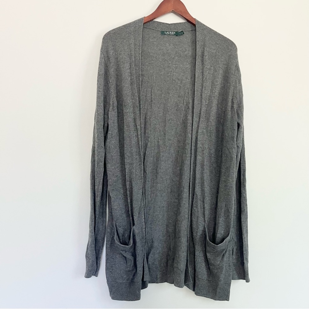 Lauren Ralph Lauren Gray Open Cardigan Long Cover Up w Front Pockets Large
